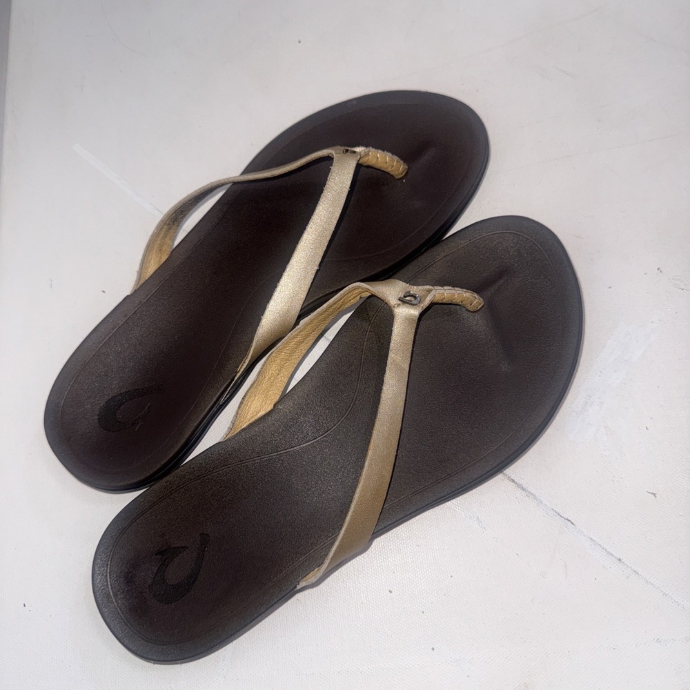 Olukai Ho'opio Gold Brown Leather Strap Boho Flip Flops Sandals Women's Size 8 - Picture 2 of 11